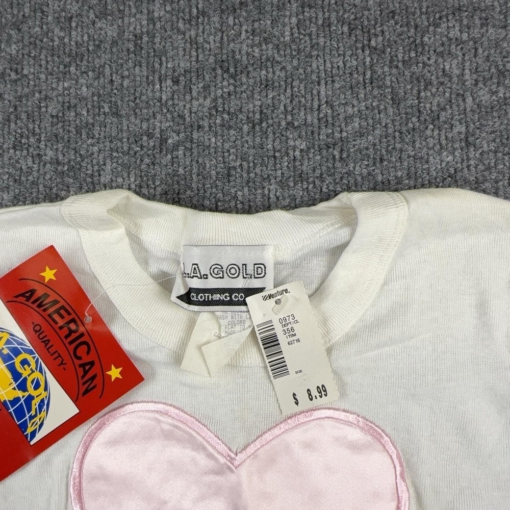 VTG L.A. GOLD Shirt Girls M White Pink Satin Heart Graphic Crew Neck Tee USA - Picture 6 of 12